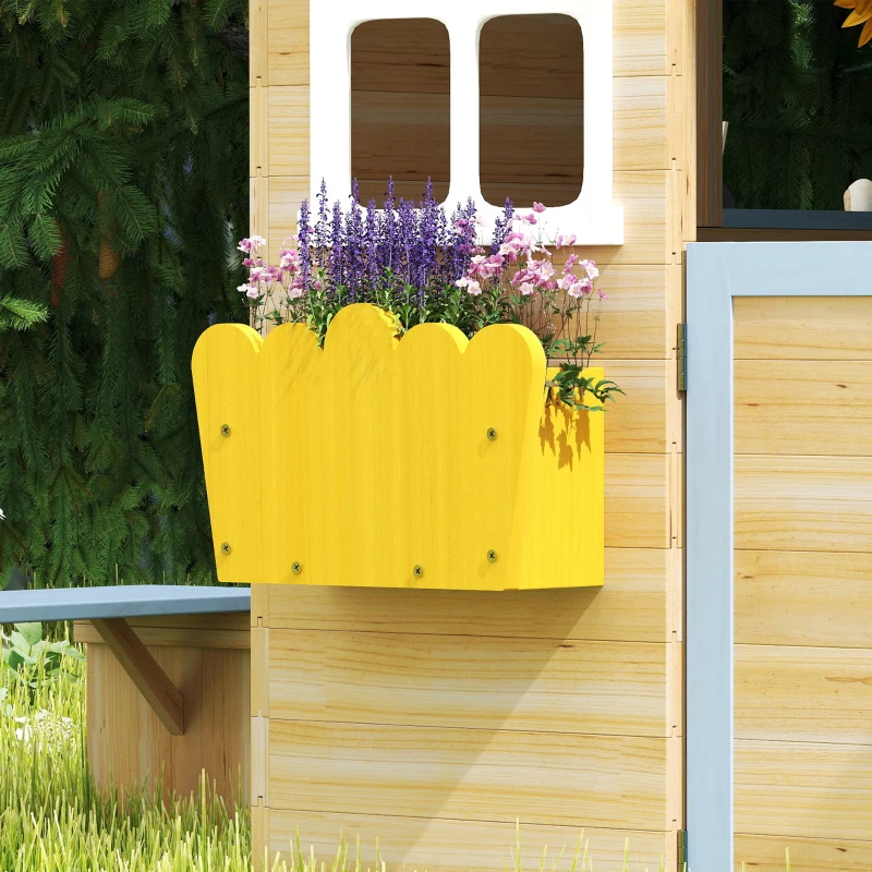 Outsunny Wooden Playhouse for Kids Outdoor Garden with Working Door, Windows, Bench, Service Station, Flowers Pot Holder, Blue