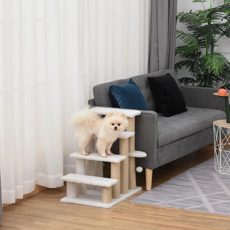 PawHut 4 Levels Cat Steps with Scratching Posts for High Bed, Sofa, White