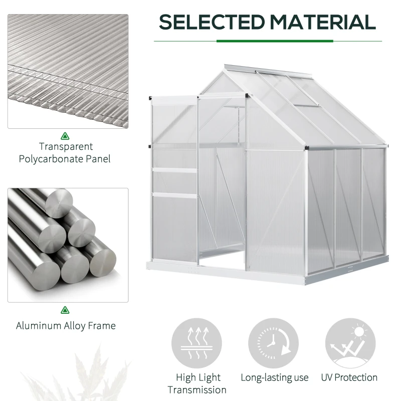 Outsunny 6' x 6' x 6.5' Polycarbonate Greenhouse, Walk-in Green House with Adjustable Roof Vent, Galvanized Base, Sliding Door and Rain Gutter for Outdoor, Garden, Backyard, Clear