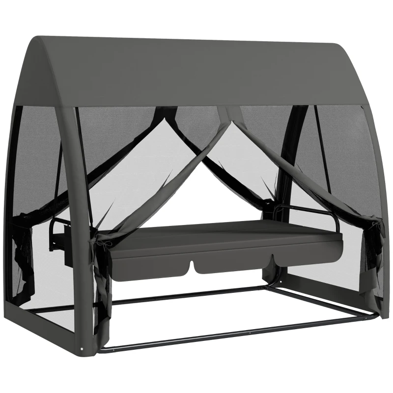 Outsunny 3-Seater Outdoor Swing Chair Chaise Lounger Bed Garden Hammock with Steel Stand, Canopy Netting Walls, Dark Grey