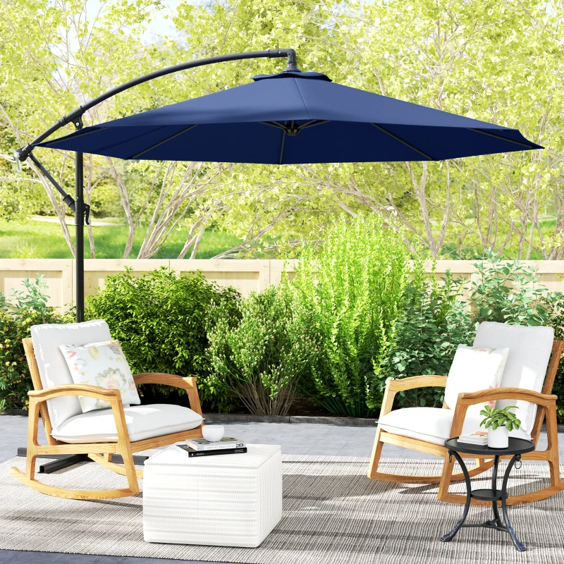 Outsunny 10' Deluxe Patio Umbrella, Outdoor Market Parasol, Banana Hanging Offset Sunshade with Crank, Cross Base, Navy Blue