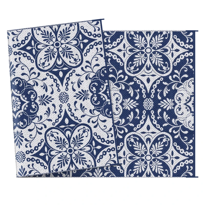 Outsunny Outdoor Rug for Patio, 9' x 18' Waterproof Large Mat, Reversible Plastic Straw Rug for Decor, Portable Outside RV Camping Area Carpet Mat for Backyard Porch Deck Picnic, Blue & White Floral