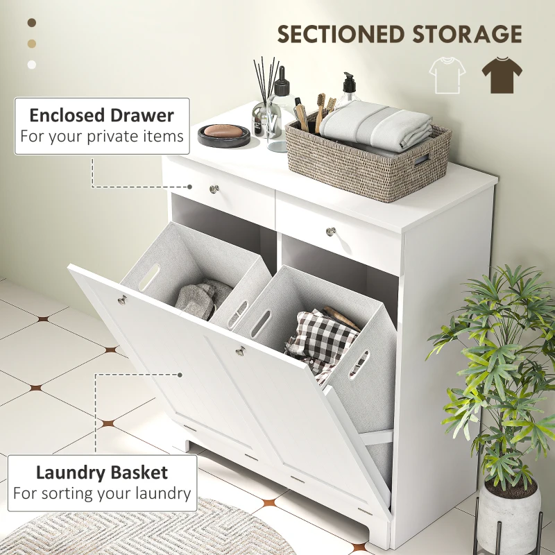 HOMCOM Laundry Cabinet, Tilt Out Laundry Hamper Cabinet with 2 Baskets, Bathroom Hamper Cabinet with 2 Drawers, White