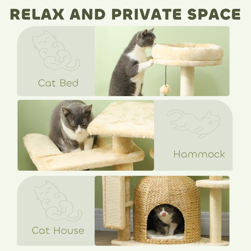 PawHut 44" Cat Tree Tower with Scratching Posts, Cat Condo, Hammock, Bed, Platforms, Toy Balls for Indoor Cats