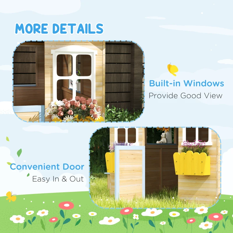 Outsunny Wooden Playhouse for Kids Outdoor Garden with Working Door, Windows, Bench, Service Station, Flowers Pot Holder, Blue