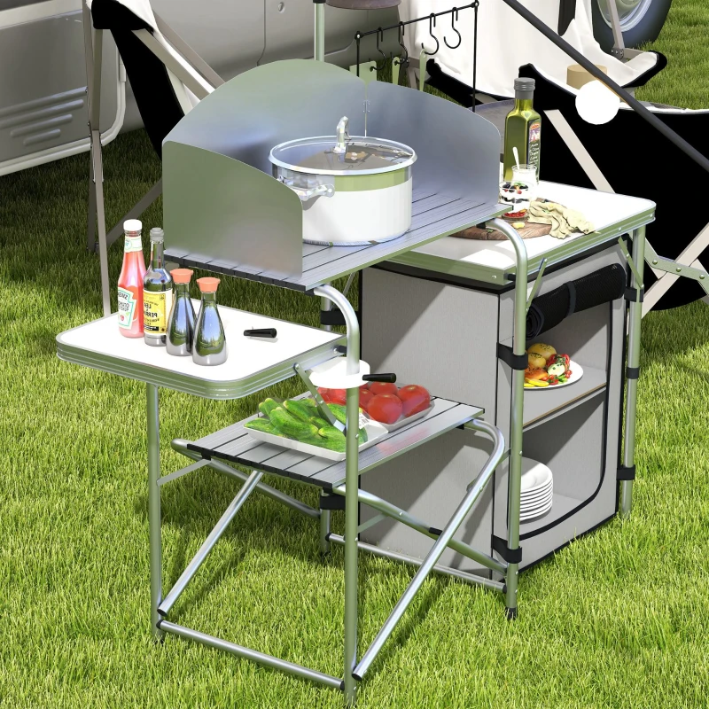 Outsunny Folding Camping Table with Storage Organizer Aluminum Portable Camping Kitchen with Windshield Light Stand Bag Silver