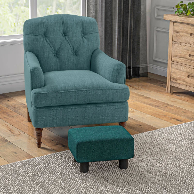 HOMCOM Small Ottoman Foot Rest, Foot Stool with Linen Fabric Upholstery and Plastic Legs, Cube Ottoman, Green