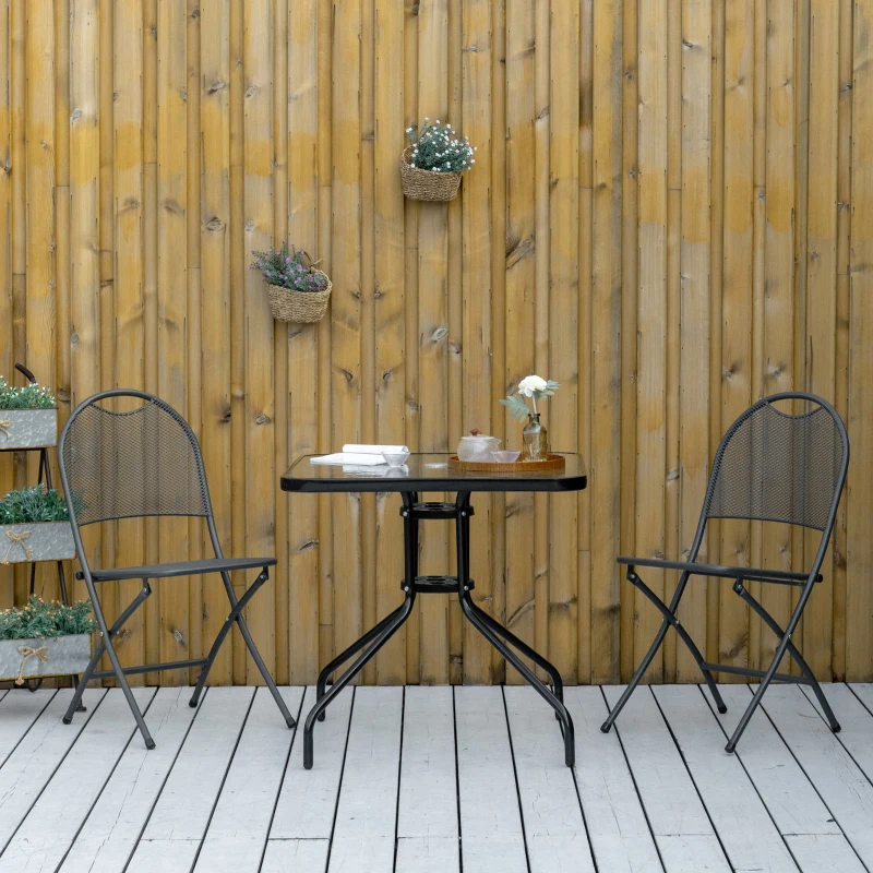 Outsunny Square Patio Dining Table with Umbrella Hole Tempered Glass Top Outdoor Dining Table for Garden Balcony Black