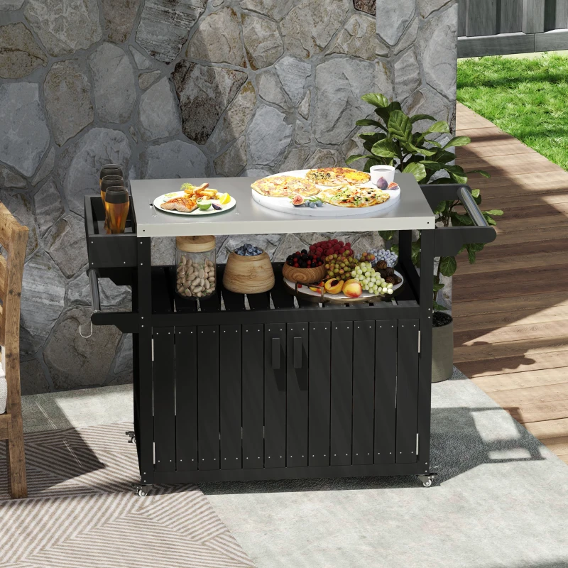 Outsunny Outdoor Bar Cart with Storage, Stainless Steel Outdoor Bar Table Top, Wheeled HDPE Kitchen Island for Food Prep, Black