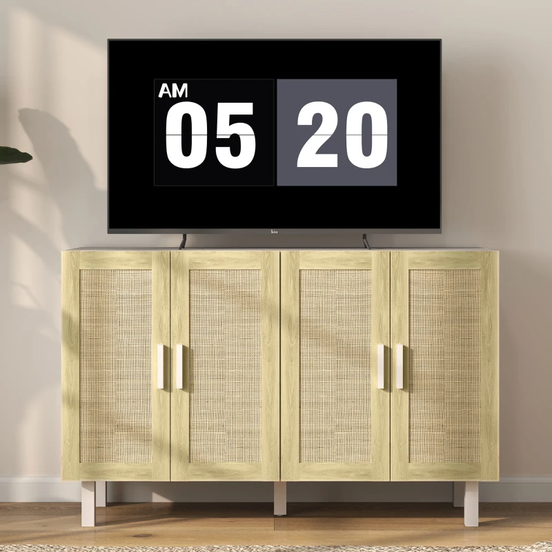 HOMCOM Boho Kitchen Cabinet, Buffet Cabinet with 4 Rattan Doors and Adjustable Shelves for Dining Room, White and Natural