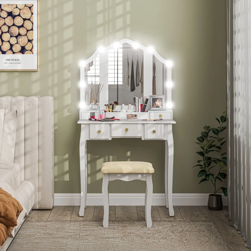 HOMCOM Makeup Vanity Table with Stool, Vanity Set with 10 LED Lights, 5 Drawers and 3 Compartments, White