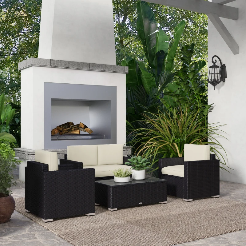 Outsunny 4 Pieces Rattan Sofa Set Wicker Patio Sofa Set with Loveseat Chairs Glass Top Coffee Table for Garden Outdoor Cream