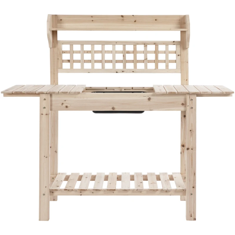 Outsunny Outdoor Potting Bench Table, Wooden Workstation with Sliding Tabletop, Storage Shelf and Dry Sink, for Greenhouse, Garden, Patio, Natural