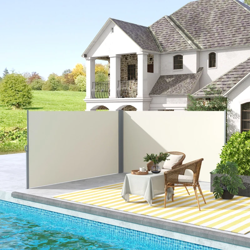Outsunny 236" x 63" Outdoor Privacy Wall, Double Retractable Side Awning, Patio Screen for Garden, Balcony, Backyard, Cream White