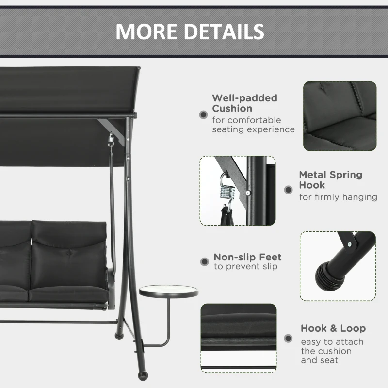 Outsunny 3 Seat Outdoor Swing Chair Steel Swing Bench Porch Swing With Adjustable Canopy & Coffee Tables & Cushion for Patio Garden, Black