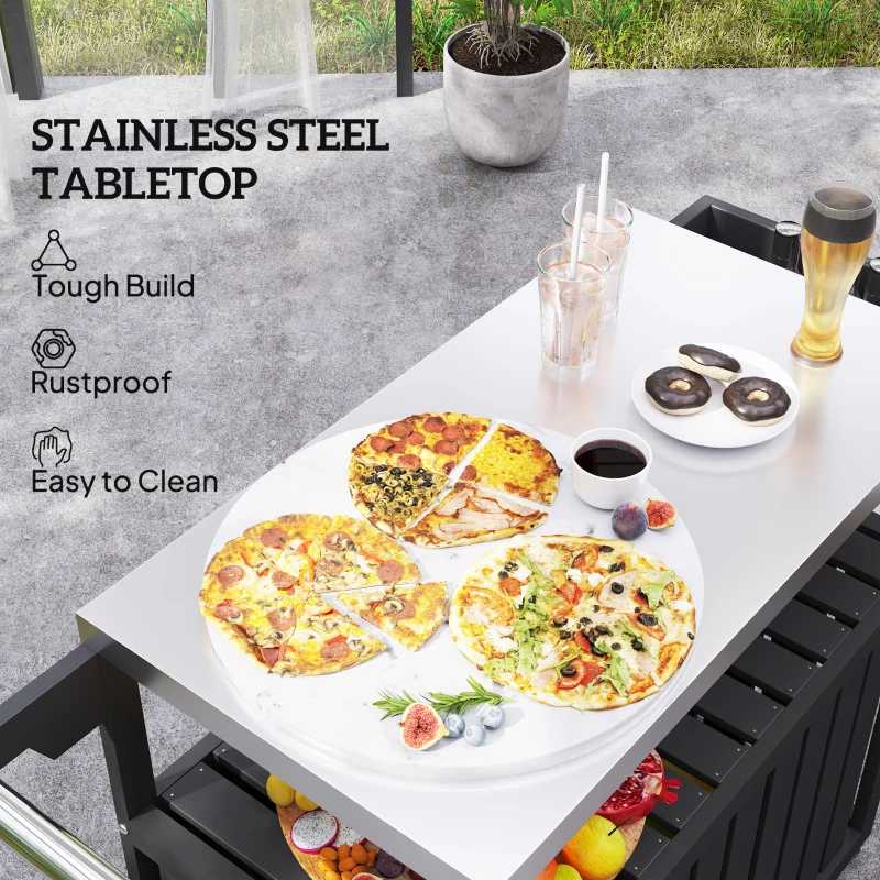 Outsunny Outdoor Bar Cart with Storage, Stainless Steel Outdoor Bar Table Top, Wheeled HDPE Kitchen Island for Food Prep, Black