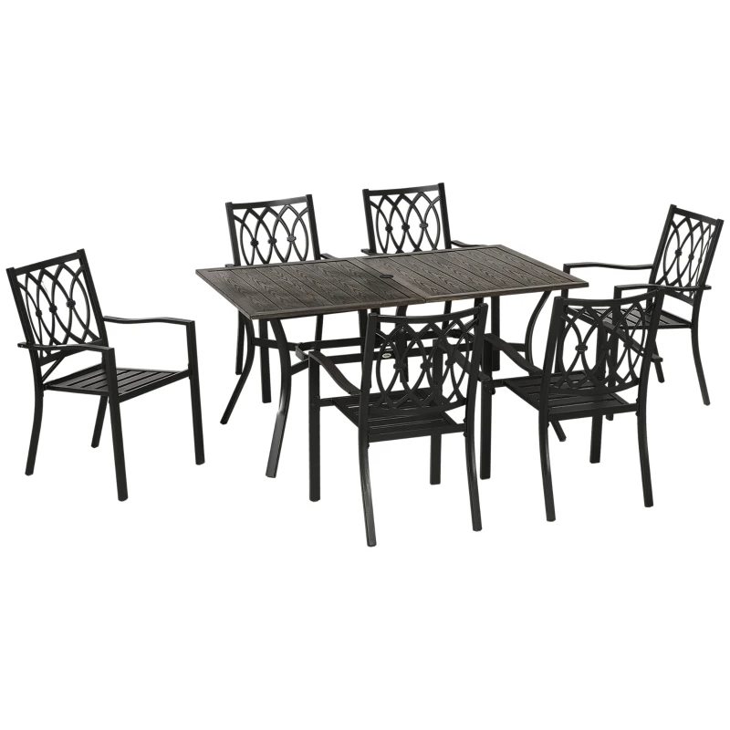 Outsunny 7 Pieces Outdoor Dining Set for 6 with Stackable Chairs with Wood Grain Top, for Garden, Patio, Backyard, Brown