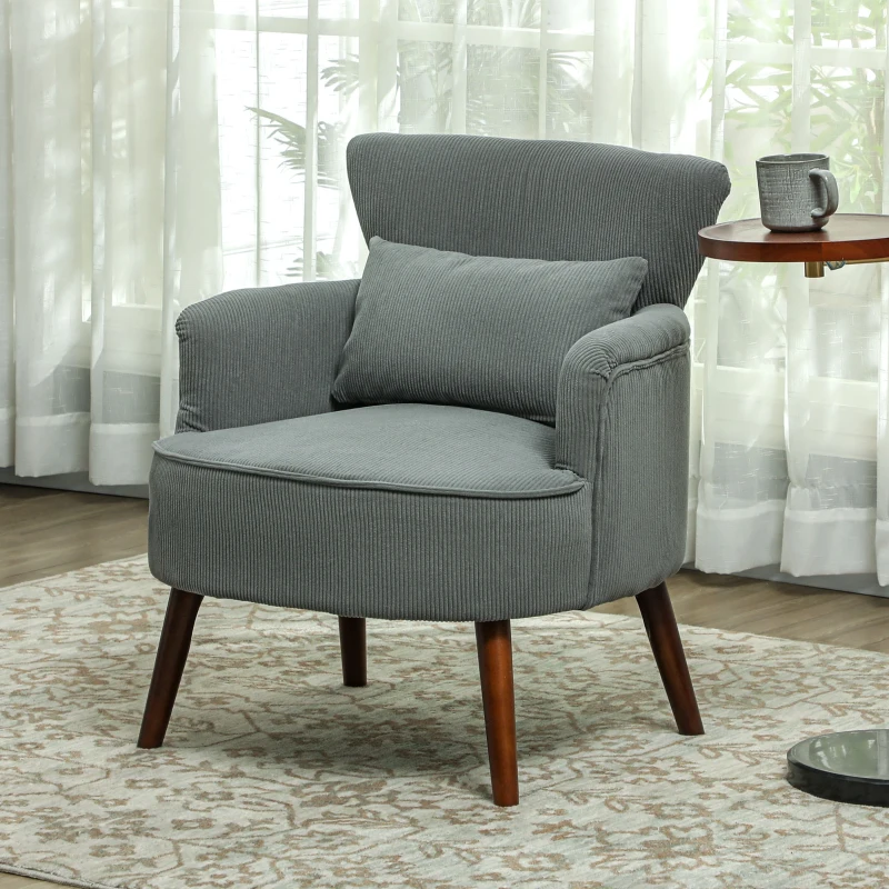 HOMCOM Modern Accent Chair, Upholstered Armchair with Solid Wood Legs and Lumbar Pillow for Living Room, Grey