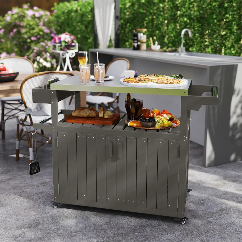 Outsunny Outdoor Bar Cart with Storage, Stainless Steel Outdoor Bar Table Top, Wheeled HDPE Kitchen Island for Food Prep, Gray
