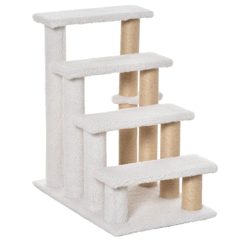 PawHut 4 Levels Cat Steps with Scratching Posts for High Bed, Sofa, White