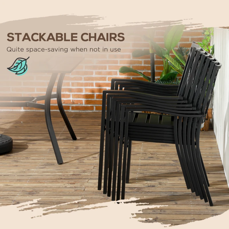 Outsunny 7 Pieces Outdoor Dining Set for 6 with Stackable Chairs with Wood Grain Top, for Garden, Patio, Backyard, Brown