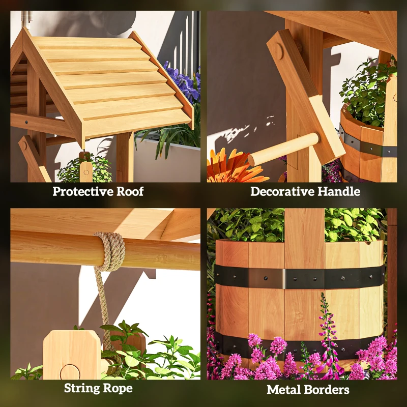 Outsunny Wood Wishing Well Outdoor Wooden Planter with Hanging Bucket and Drainage Hole for Garden, Patio, Backyard, Orange