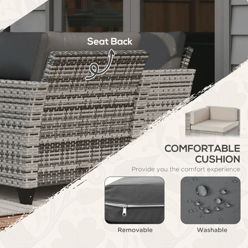 Outsunny 5-Piece Patio Furniture Set with PE Rattan Three-Seater Sofa, Armchairs, Footstools, Cushions, Mixed Gray