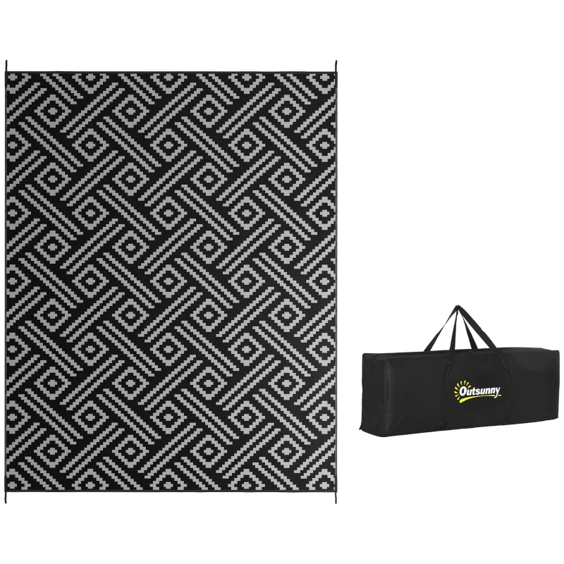Outsunny Reversible Outdoor Rug Waterproof Plastic Straw RV Rug with Carry Bag, 9' x 12', Black and Grey Geometric