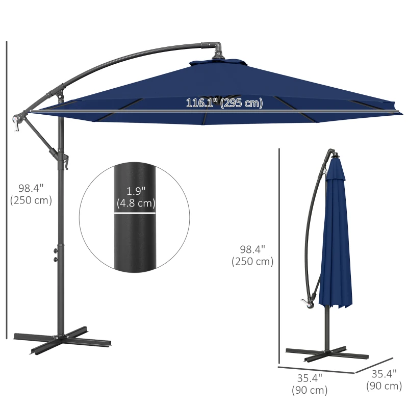 Outsunny 10' Deluxe Patio Umbrella, Outdoor Market Parasol, Banana Hanging Offset Sunshade with Crank, Cross Base, Navy Blue