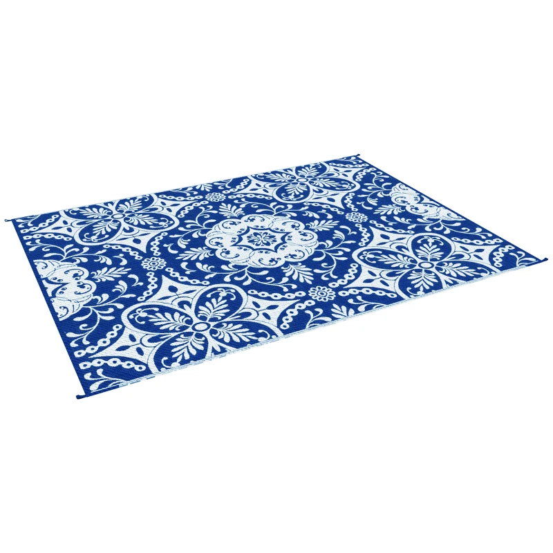 Outsunny Outdoor Rug for Patio, 9' x 12' Waterproof Large Mat, Reversible Plastic Straw Rug for Decor, Portable Outside RV Camping Area Carpet Mat for Backyard Porch Deck Picnic, Blue & White Floral