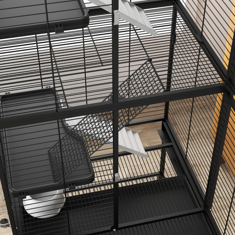 PawHut Rolling Small Animal Cage 53.5"H Chinchilla Cage for Ferrets, Squirrels w/ Removable Tray, Storage Shelf, Black