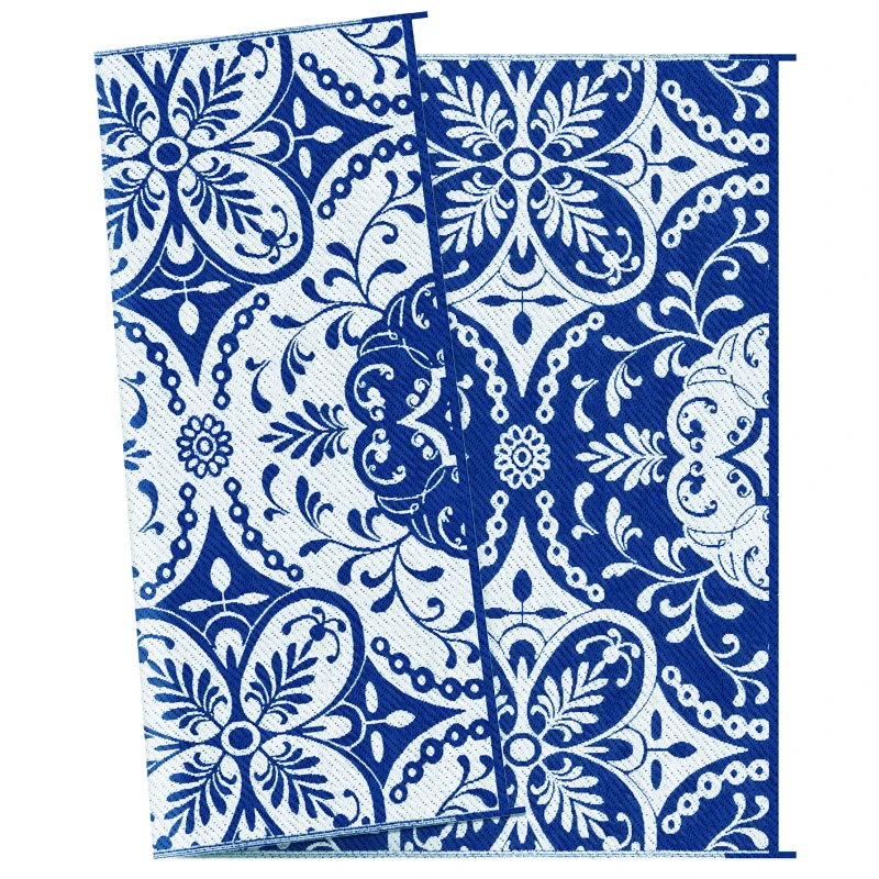 Outsunny Outdoor Rug for Patio, 9' x 12' Waterproof Large Mat, Reversible Plastic Straw Rug for Decor, Portable Outside RV Camping Area Carpet Mat for Backyard Porch Deck Picnic, Blue & White Floral