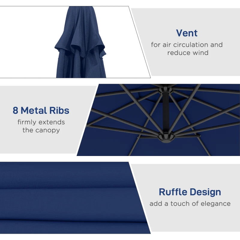 Outsunny 10' Deluxe Patio Umbrella, Outdoor Market Parasol, Banana Hanging Offset Sunshade with Crank, Cross Base, Navy Blue