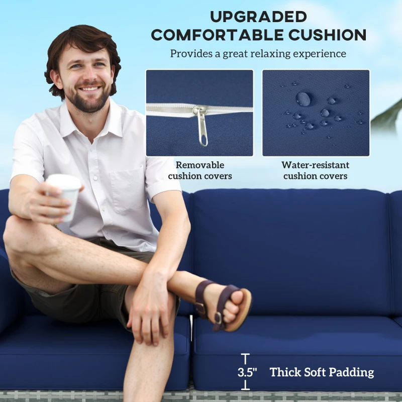 Outsunny 3-Seater Outdoor Sofa with Cushions, PE Rattan Conversation Patio Couch with Pillows for Garden, Poolside, Dark Blue