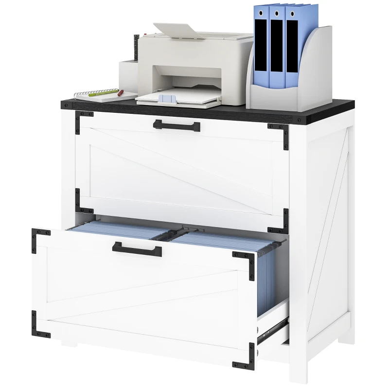 HOMCOM 2 Drawer Filing Cabinet, Farmhouse Office Storage Cabinet with Adjustable Hanging Bars for Letter, A4, Legal Size, White