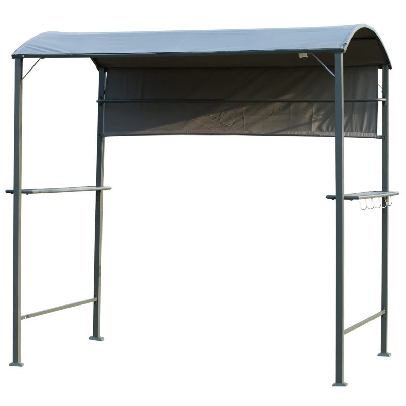 Outsunny 7x4.5ft Outdoor BBQ Gazebo Tent Metal Frame Garden Grill Canopy Sunshade Backyard Portable Shelter with Side Awning 2 Shelves and 5 Hooks Grey