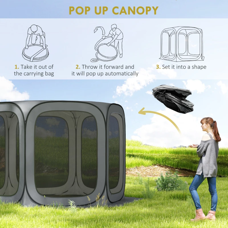Outsunny 11 x 11ft Pop Up Screen Tent, UPF50+ Portable Camping Gazebo Screen House with Carry Bag, Dark Gray