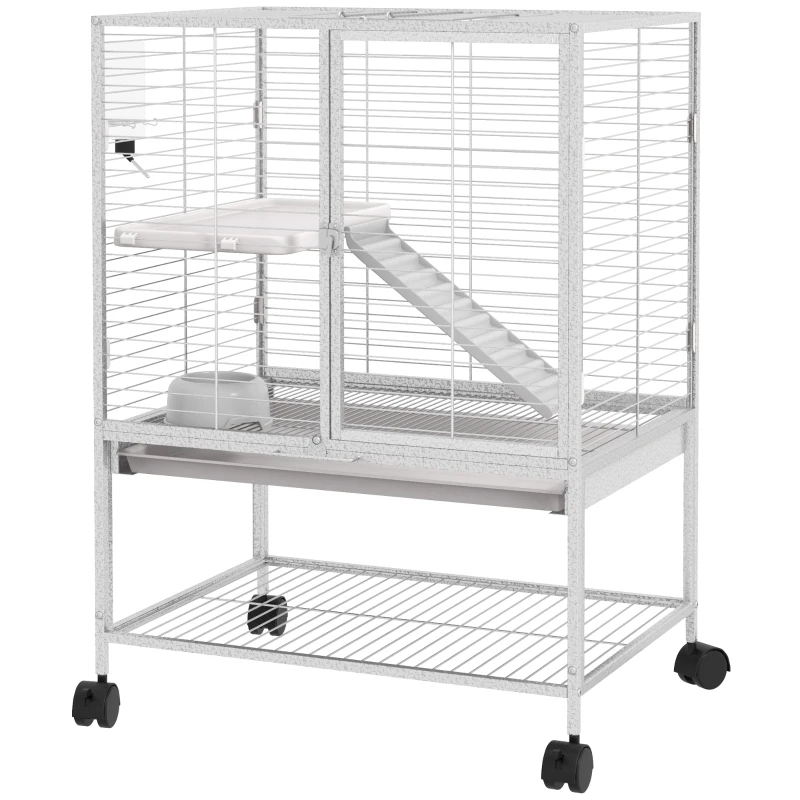 PawHut Rolling Small Animal Cage 34"H Chinchilla Cage for Ferrets, Squirrels w/ Removable Tray, Storage Shelf, Light Grey