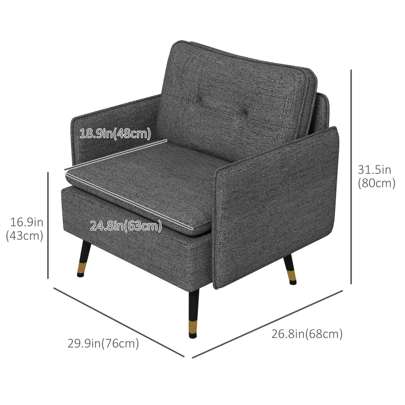HOMCOM Modern Armchair, Upholstered Accent Chair with Tufted Back Cushion and Steel Legs for Living Room, Bedroom, Dark Grey
