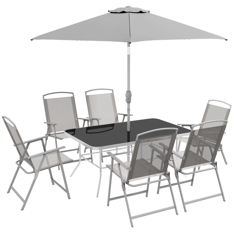 Outsunny 8 Piece Patio Set with Umbrella, 6 Folding Chairs, Rectangle Table, Outdoor Dining Set for 6 with Mesh Seat, Grey