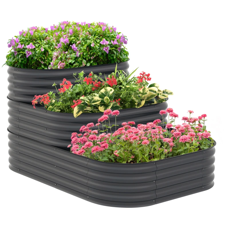 Outsunny 5.2'x3.6'x2.7' Outdoor Raised Garden Bed, 3-Tier Galvanized Planter Box with Safety Edging for Vegetable, Flower, Grey