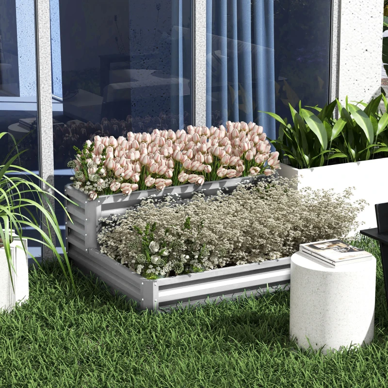 Outsunny 2 Tier Galvanized Raised Garden Bed, Steel Planter Box for Vegetables, Flowers, Herbs, 47" x 40" x 23", Silver