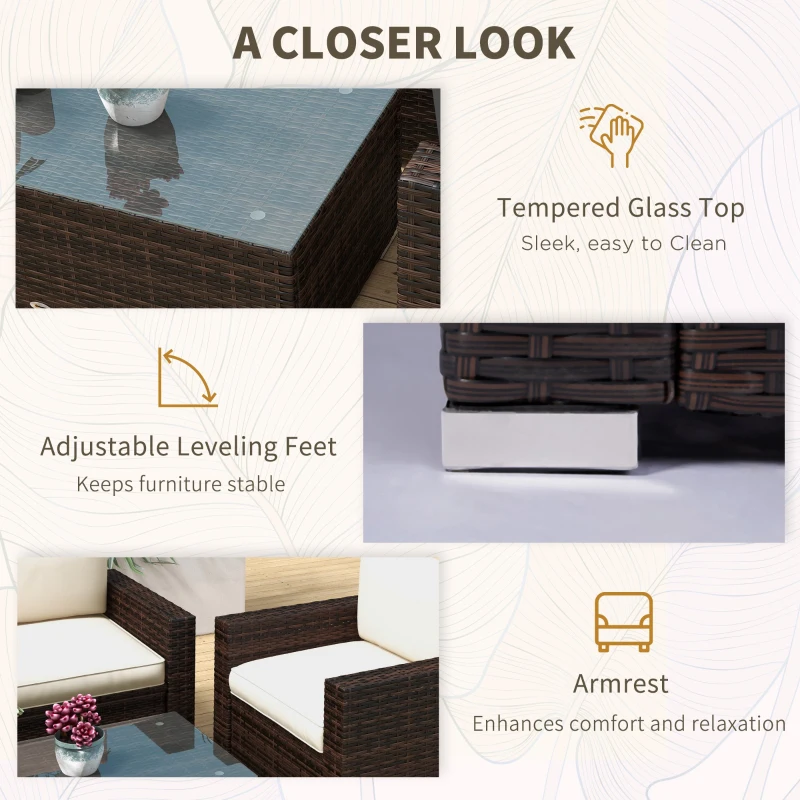 Outsunny 4 Pieces Rattan Sofa Set Wicker Patio Sofa Set with Loveseat Chairs Glass Top Coffee Table for Garden Outdoor Khaki