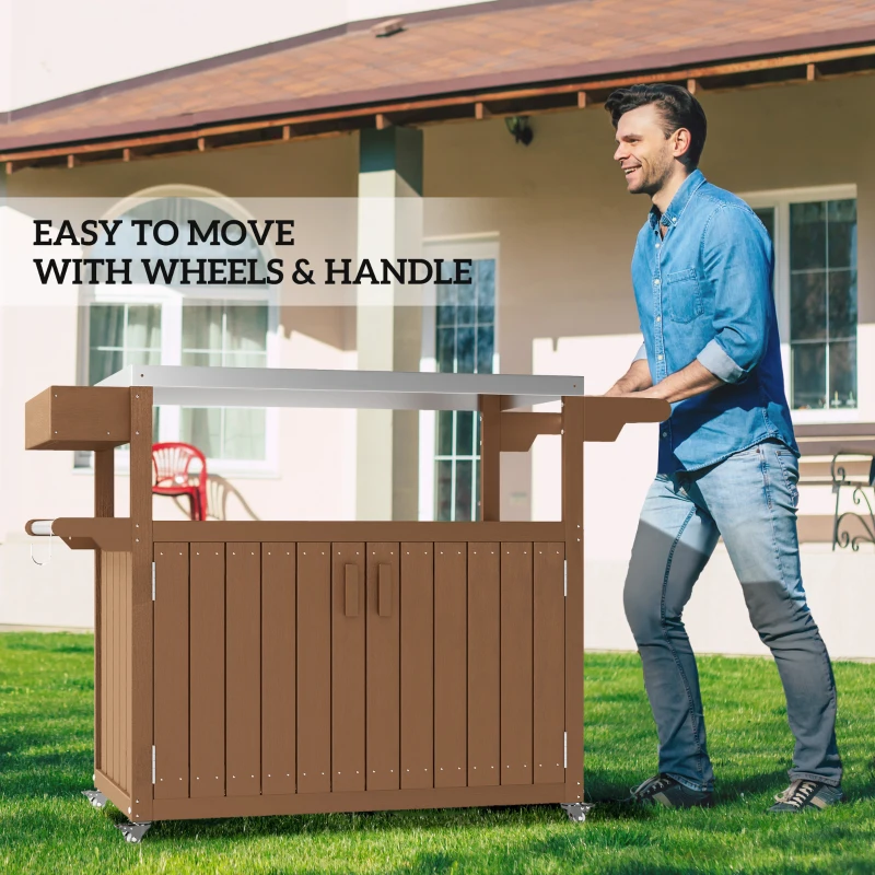 Outsunny Outdoor Bar Cart with Storage, Stainless Steel Outdoor Bar Table Top, Wheeled HDPE Kitchen Island for Food Prep, Brown