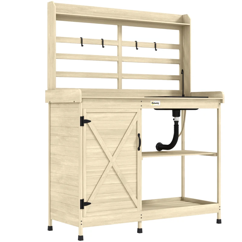 Outsunny Wooden Potting Bench with Storage, Sink, Water Tap for Backyard, Patio, Balcony, Natural