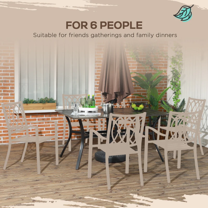 Outsunny Steel Frame 59 Inch Outdoor Dining Table for Six with Parasol Hole, Wood Grain Tabletop, for Backyard, Garden, Brown