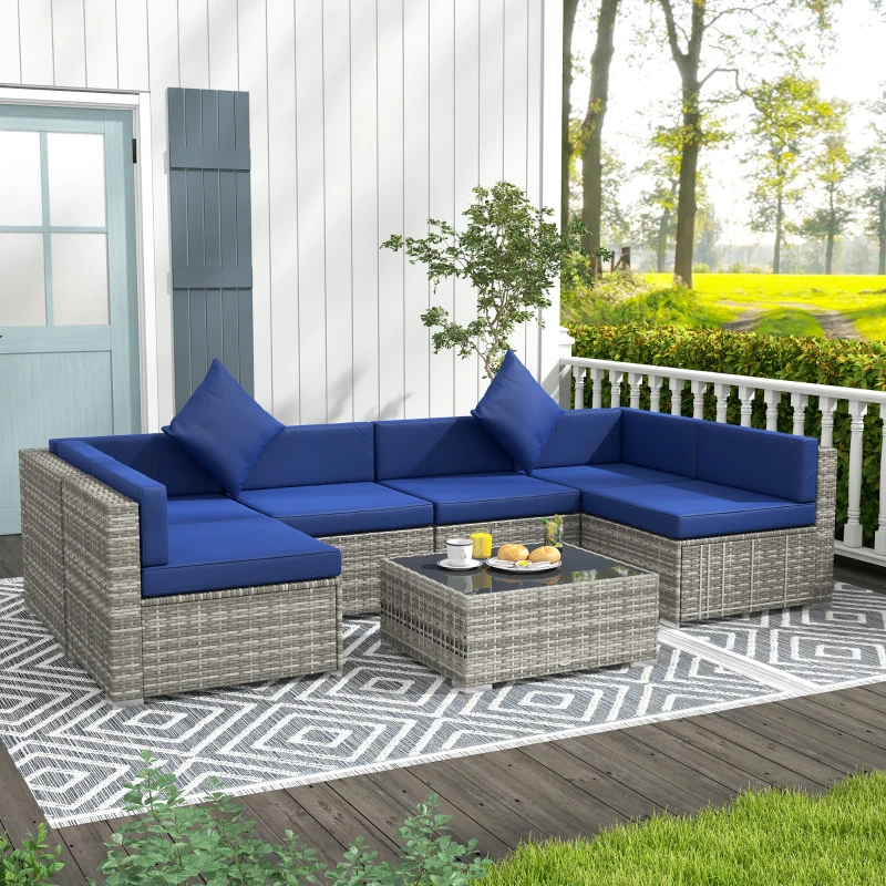 Outsunny 7 Pieces Outdoor Rattan Sofa Set, Wicker Patio Furniture Set with Glass Top Coffee Table, Pillows, Mixed Gray and Blue