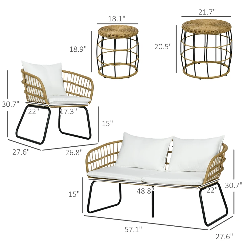 Outsunny 5 Piece PE Rattan Outdoor Furniture Set with Cushioned Chairs, Loveseat Sofa & Stackable Coffee Tables, Cream White