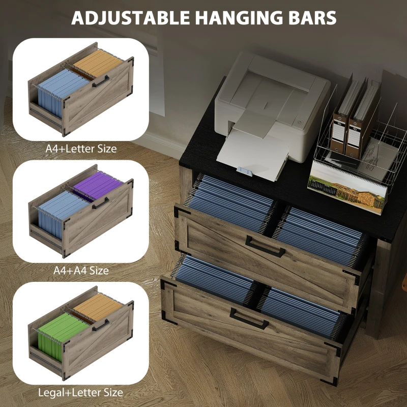 HOMCOM 2 Drawer Filing Cabinet, Farmhouse Office Storage Cabinet with Adjustable Hanging Bars for Letter, A4, Legal Size, Grey