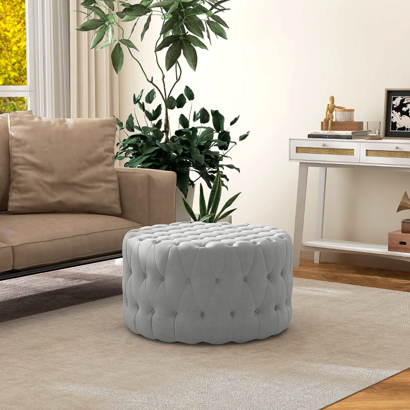 HOMCOM Round Ottoman Coffee Table with Velvet-feel Upholstery, Button Tufted Design and Padded Seat, Gray